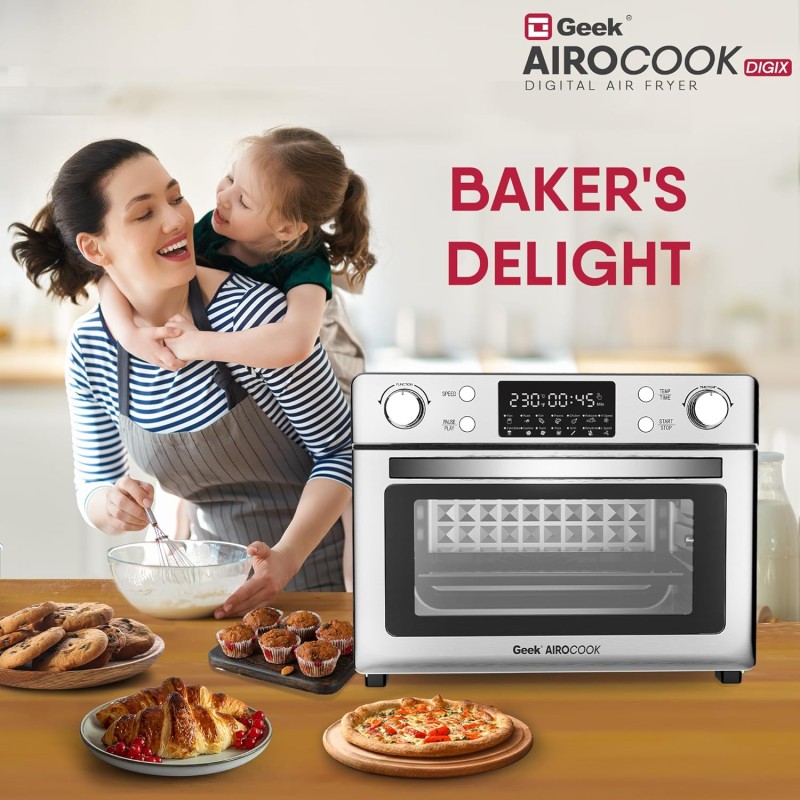 Geek Airocook Digix 30L Electric Air Fryer Oven|Digital Display|12 Preset Menu-Toast,Bake,Grill,Air Fry,Rotisserie,Dehydration&Reheat|7 Accessories(Stainless Steel,Silver,1700W)30 Liter Geek Airocook Digix 30L Electric Air Fryer Oven|Digital Display|12 Preset Menu-Toast,Bake,Grill,Air Fry,Rotisserie,Dehydration&Reheat|7 Accessories(Stainless Steel,Silver,1700W)30 Liter