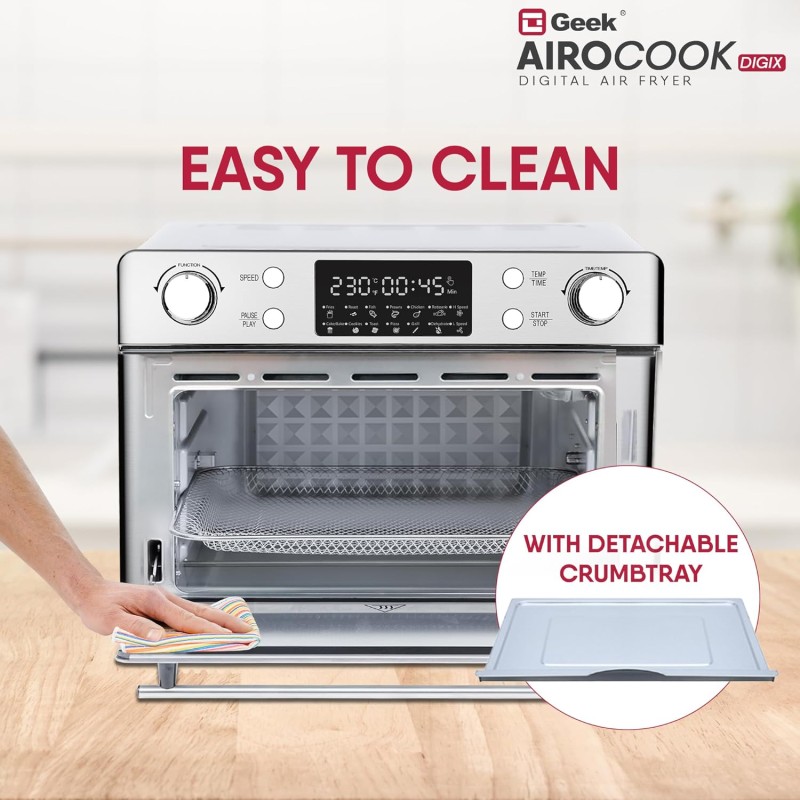 Geek Airocook Digix 30L Electric Air Fryer Oven|Digital Display|12 Preset Menu-Toast,Bake,Grill,Air Fry,Rotisserie,Dehydration&Reheat|7 Accessories(Stainless Steel,Silver,1700W)30 Liter Geek Airocook Digix 30L Electric Air Fryer Oven|Digital Display|12 Preset Menu-Toast,Bake,Grill,Air Fry,Rotisserie,Dehydration&Reheat|7 Accessories(Stainless Steel,Silver,1700W)30 Liter