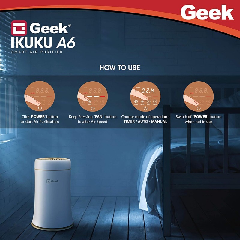 Geek Ikuku A6 Air Purifier For Home & Office | 3- Stage Hepa Dust Filtration | Obliqflow Purification Technology | Portable Air Flow | Digital Led Display With Touch Control (Ikuku A6), White Geek Ikuku A6 Air Purifier For Home & Office | 3- Stage Hepa Dust Filtration | Obliqflow Purification Technology | Portable Air Flow | Digital Led Display With Touch Control (Ikuku A6), White