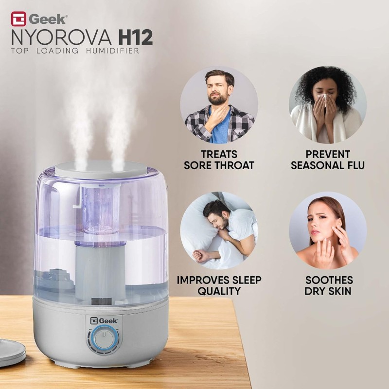 Geek Nyorova H12 | 2-in-1 ultrasonic humidifier with top fill & Aroma diffuser | Easy Knob Control for Speed Settings | Transparent Moisture Control | 3.8L large capacity for Home, bedroom, Living Room & Office Geek Nyorova H12 | 2-in-1 ultrasonic humidifier with top fill & Aroma diffuser | Easy Knob Control for Speed Settings | Transparent Moisture Control | 3.8L large capacity for Home, bedroom, Living Room & Office