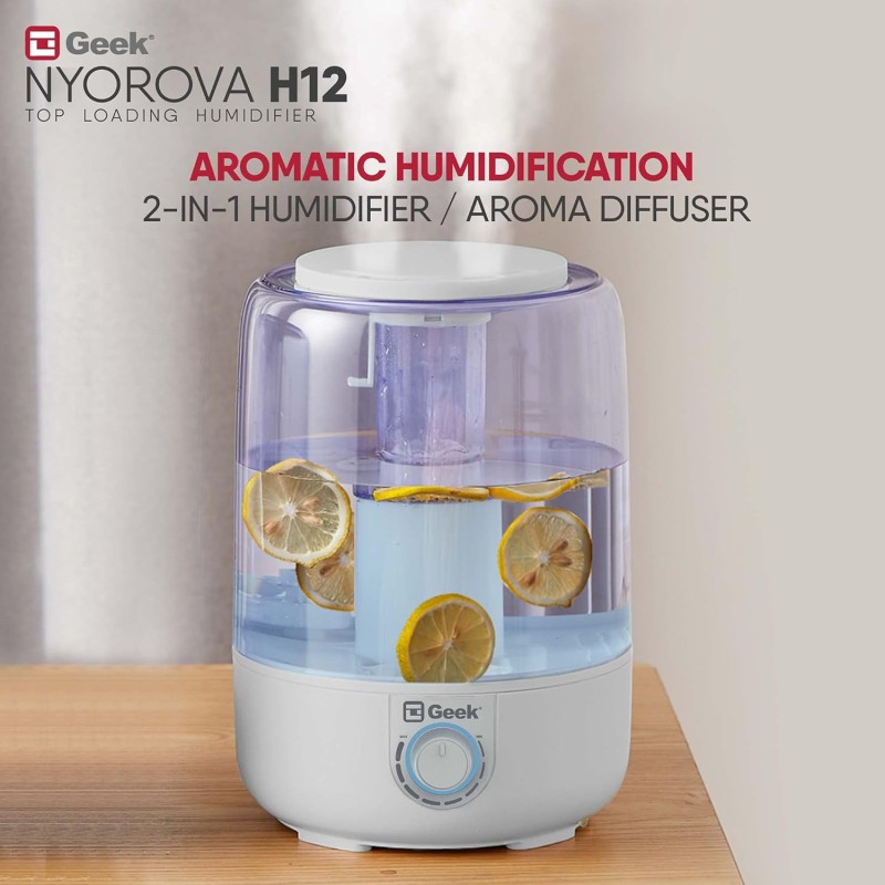 Geek Nyorova H12 | 2-in-1 ultrasonic humidifier with top fill & Aroma diffuser | Easy Knob Control for Speed Settings | Transparent Moisture Control | 3.8L large capacity for Home, bedroom, Living Room & Office Geek Nyorova H12 | 2-in-1 ultrasonic humidifier with top fill & Aroma diffuser | Easy Knob Control for Speed Settings | Transparent Moisture Control | 3.8L large capacity for Home, bedroom, Living Room & Office