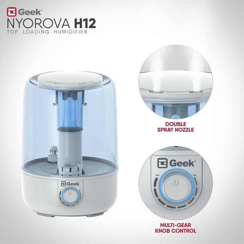 Geek Nyorova H12 | 2-in-1 ultrasonic humidifier with top fill & Aroma diffuser | Easy Knob Control for Speed Settings | Transparent Moisture Control | 3.8L large capacity for Home, bedroom, Living Room & Office Geek Nyorova H12 | 2-in-1 ultrasonic humidifier with top fill & Aroma diffuser | Easy Knob Control for Speed Settings | Transparent Moisture Control | 3.8L large capacity for Home, bedroom, Living Room & Office