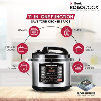 Geek Robocook Nuvo 11-in-1 Automatic Electric Pressure Cooker 8 Litre | 2 Year Warranty | 17 India Preset Menu, Instant Electric Cooker Pot, Multipurpose Electric Rice Cooker (Non-Stick, 8L) Geek Robocook Nuvo 11-in-1 Automatic Electric Pressure Cooker 8 Litre | 2 Year Warranty | 17 India Preset Menu, Instant Electric Cooker Pot, Multipurpose Electric Rice Cooker (Non-Stick, 8L)