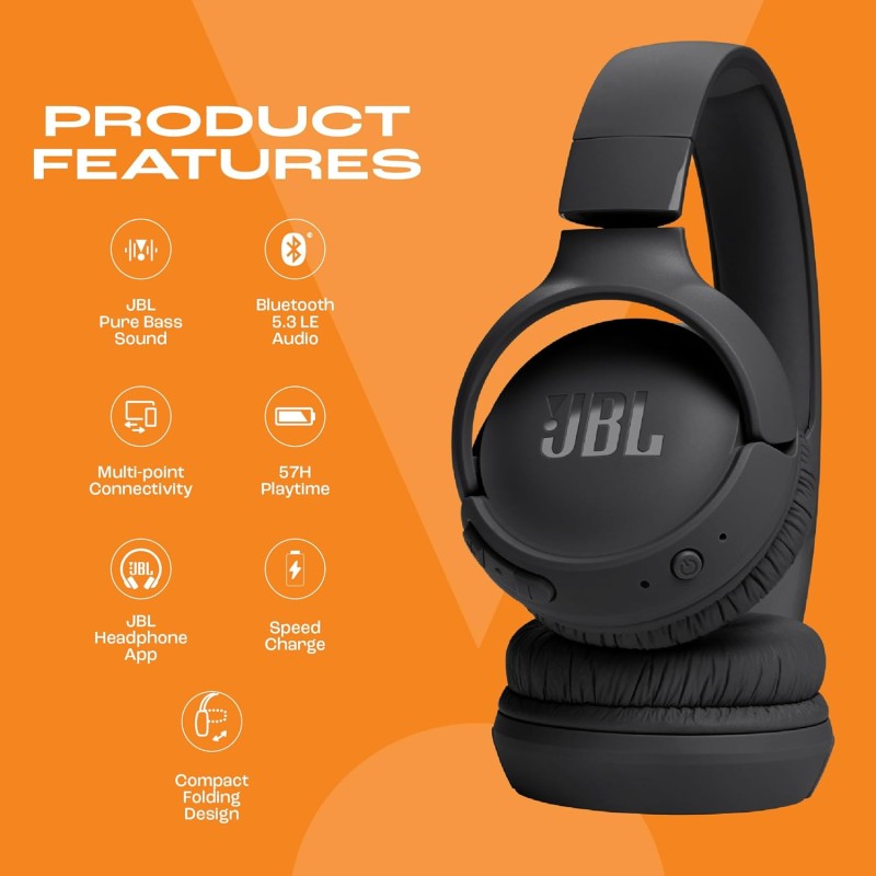 JBL Tune 520BT Wireless Headphones with Mic, Upto 57H Battery, Speed Charge : 5 min Charge Gives up to 3H of Playback, Multipoint Connect, Customizable Bass with Headphones App, BT 5.3 (Black) JBL Tune 520BT Wireless Headphones with Mic, Upto 57H Battery, Speed Charge : 5 min Charge Gives up to 3H of Playback, Multipoint Connect, Customizable Bass with Headphones App, BT 5.3 (Black)