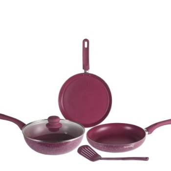 Nouvetta Andria Non-Stick Cookware Set of 5 peices (Dosa Tawa, Kadhai,Frying Pan, Glass Lid,Serving Spoon), Thickness of 3 mm, Maroon