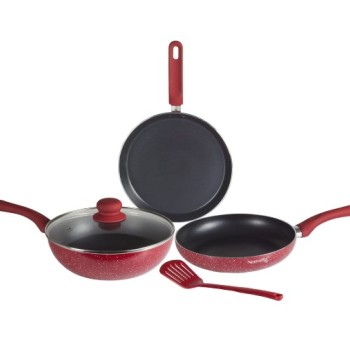 Nouvetta Andria Non-Stick Cookware Set of 5 peices (Dosa Tawa, Kadhai,Frying Pan, Glass Lid,Serving Spoon), Thickness of 3 mm, Red