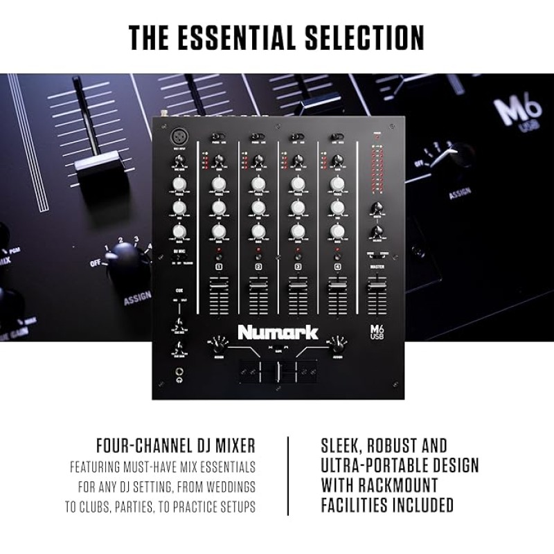 Numark M6 USB | 4-Channel Dj Mixer With On Board Interface With On-Board Audio Interface, 3-Band EQ, Club-Ready Inputs, Microphone Input And Replaceable Crossfader With Slope Control Black Numark M6 USB | 4-Channel Dj Mixer With On Board Interface With On-Board Audio Interface, 3-Band EQ, Club-Ready Inputs, Microphone Input And Replaceable Crossfader With Slope Control Black