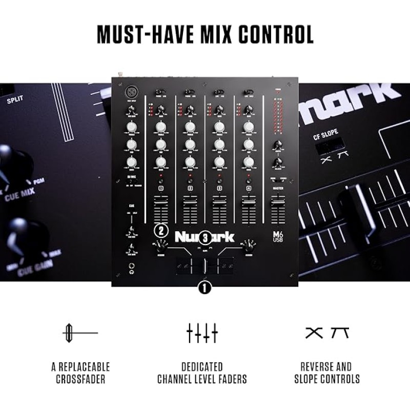 Numark M6 USB | 4-Channel Dj Mixer With On Board Interface With On-Board Audio Interface, 3-Band EQ, Club-Ready Inputs, Microphone Input And Replaceable Crossfader With Slope Control Black Numark M6 USB | 4-Channel Dj Mixer With On Board Interface With On-Board Audio Interface, 3-Band EQ, Club-Ready Inputs, Microphone Input And Replaceable Crossfader With Slope Control Black