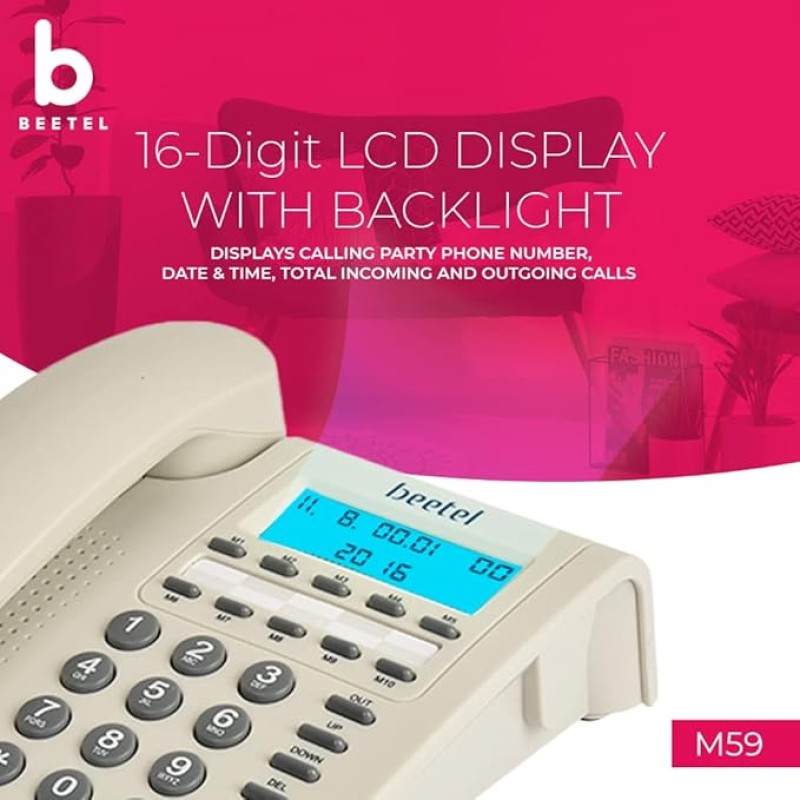 Beetel M59 Caller ID Corded Landline Phone with 16 Digit LCD Display & Adjustable contrast,10 One Touch Memory Buttons,2Ways Speaker Phone,Music On Hold,Solid Build Quality,Classic Design (White)(M59) Beetel M59 Caller ID Corded Landline Phone with 16 Digit LCD Display & Adjustable contrast,10 One Touch Memory Buttons,2Ways Speaker Phone,Music On Hold,Solid Build Quality,Classic Design (White)(M59)