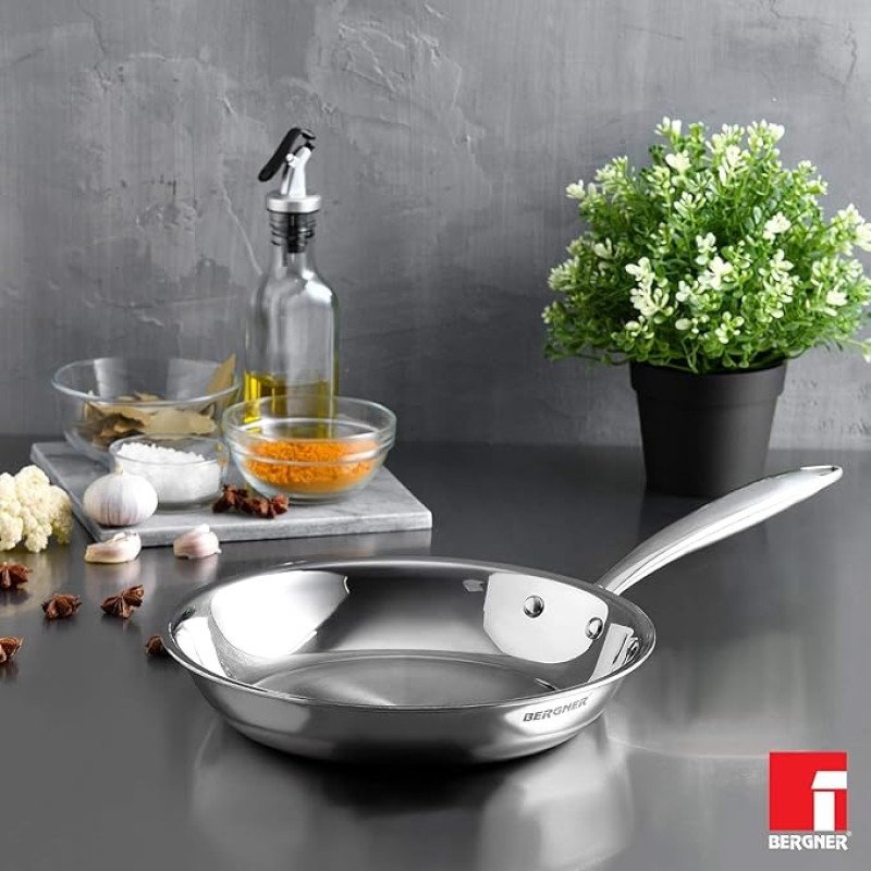 BERGNER Argent TriPly 20 cm Frypan/Steel Pan, Scratch Resistant, for Spice Tempering/Seasoning, Stay Cool Long Handle, Mirror Finish, Induction Ready, BERGNER Argent TriPly 20 cm Frypan/Steel Pan, Scratch Resistant, for Spice Tempering/Seasoning, Stay Cool Long Handle, Mirror Finish, Induction Ready,