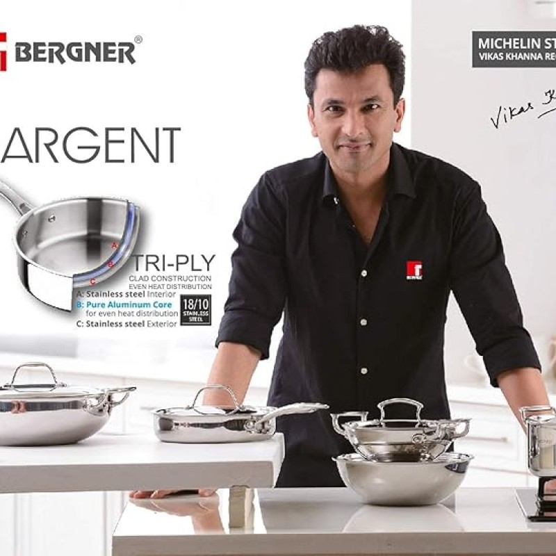 BERGNER Argent TriPly 20 cm Frypan/Steel Pan, Scratch Resistant, for Spice Tempering/Seasoning, Stay Cool Long Handle, Mirror Finish, Induction Ready, BERGNER Argent TriPly 20 cm Frypan/Steel Pan, Scratch Resistant, for Spice Tempering/Seasoning, Stay Cool Long Handle, Mirror Finish, Induction Ready,