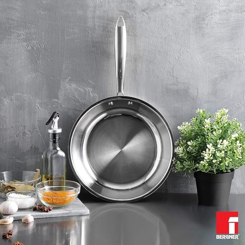 BERGNER Argent TriPly 20 cm Frypan/Steel Pan, Scratch Resistant, for Spice Tempering/Seasoning, Stay Cool Long Handle, Mirror Finish, Induction Ready, BERGNER Argent TriPly 20 cm Frypan/Steel Pan, Scratch Resistant, for Spice Tempering/Seasoning, Stay Cool Long Handle, Mirror Finish, Induction Ready,