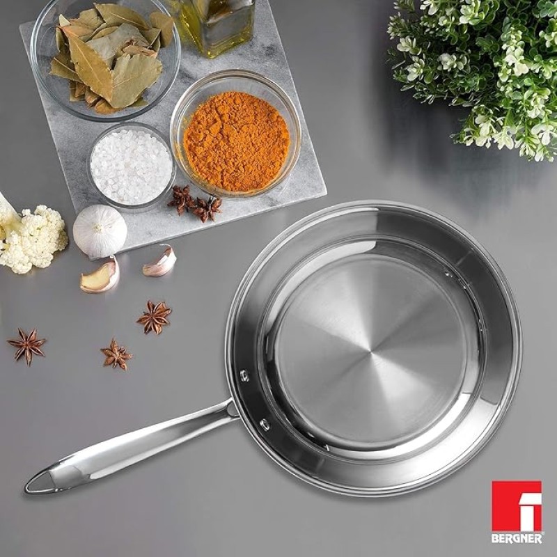 BERGNER Argent TriPly 20 cm Frypan/Steel Pan, Scratch Resistant, for Spice Tempering/Seasoning, Stay Cool Long Handle, Mirror Finish, Induction Ready, BERGNER Argent TriPly 20 cm Frypan/Steel Pan, Scratch Resistant, for Spice Tempering/Seasoning, Stay Cool Long Handle, Mirror Finish, Induction Ready,