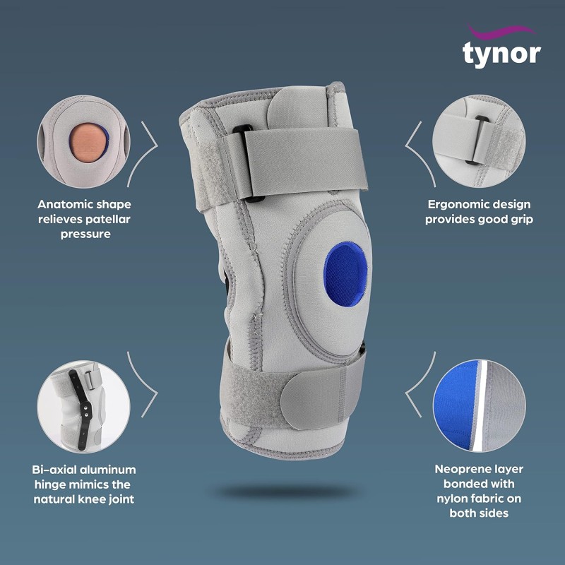 TYNOR Knee Support Hinged (Neoprene), for Stability & Pain Relief | For Sports & Gym (Grey, XXL, 1 Unit) TYNOR Knee Support Hinged (Neoprene), for Stability & Pain Relief | For Sports & Gym (Grey, XXL, 1 Unit)