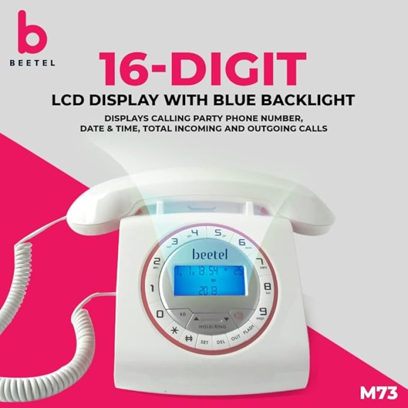 Beetel M73 Caller ID Corded Landline Phone with 16 Digit LCD Display, Retro Design, Alphanumeric Keypad, 2-Way Speaker Phone, Adjustable Ringing (White & Red)(M73) Beetel M73 Caller ID Corded Landline Phone with 16 Digit LCD Display, Retro Design, Alphanumeric Keypad, 2-Way Speaker Phone, Adjustable Ringing (White & Red)(M73)