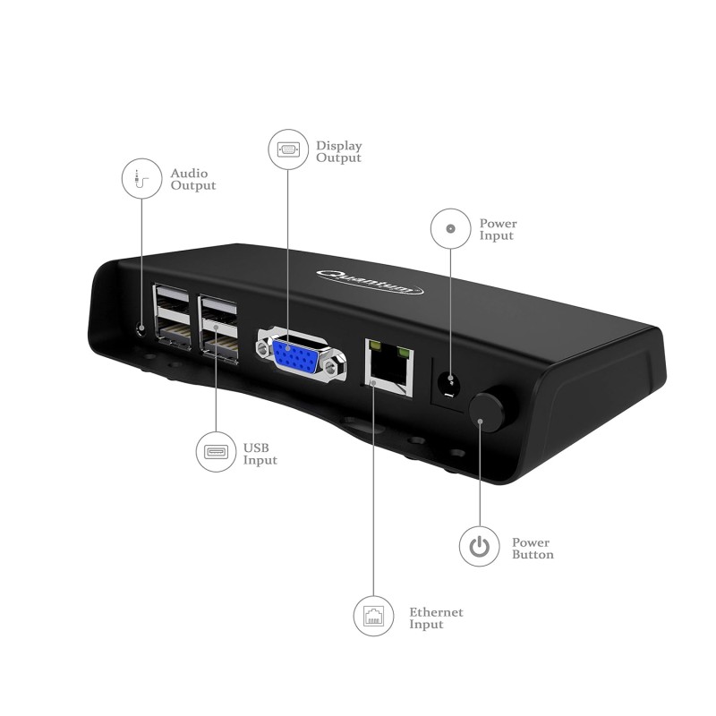 Quantum Thin Client with 1 GHz Dual-Core (A7) Processor, 512 MB RAM with 4GB ROM for Node Computing VGA Display Port, 4USB ports, RJ45 LAN, Adapter Included, 1-Year Warranty QHM6056B (Black) Quantum Thin Client with 1 GHz Dual-Core (A7) Processor, 512 MB RAM with 4GB ROM for Node Computing VGA Display Port, 4USB ports, RJ45 LAN, Adapter Included, 1-Year Warranty QHM6056B (Black)