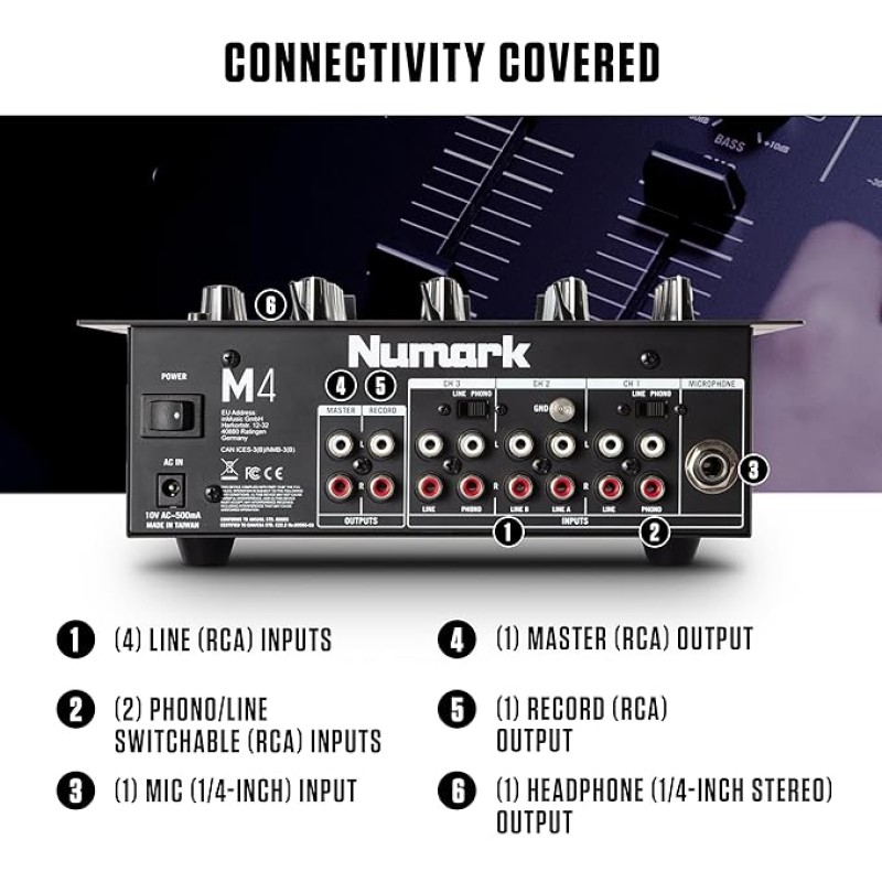 Numark M4 |3-Channel Rack Mountable Scratch DJ Mixer, Combo Jack Connection, with 3-Band EQ, Club-Ready Inputs, Mic Input and Reverse/Slope Controls, Black Numark M4 |3-Channel Rack Mountable Scratch DJ Mixer, Combo Jack Connection, with 3-Band EQ, Club-Ready Inputs, Mic Input and Reverse/Slope Controls, Black