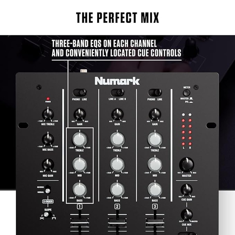 Numark M4 |3-Channel Rack Mountable Scratch DJ Mixer, Combo Jack Connection, with 3-Band EQ, Club-Ready Inputs, Mic Input and Reverse/Slope Controls, Black Numark M4 |3-Channel Rack Mountable Scratch DJ Mixer, Combo Jack Connection, with 3-Band EQ, Club-Ready Inputs, Mic Input and Reverse/Slope Controls, Black