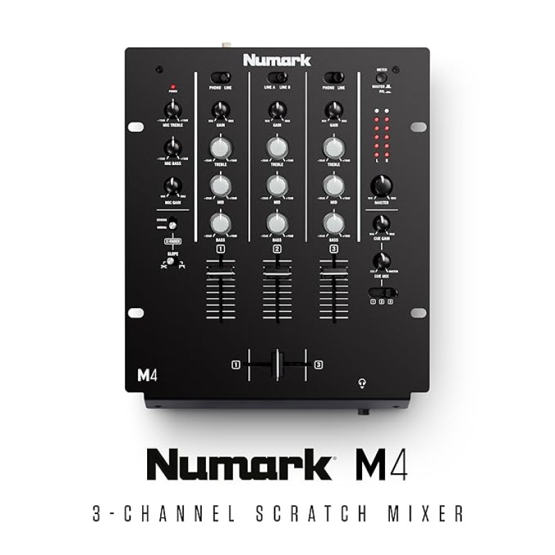 Numark M4 |3-Channel Rack Mountable Scratch DJ Mixer, Combo Jack Connection, with 3-Band EQ, Club-Ready Inputs, Mic Input and Reverse/Slope Controls, Black Numark M4 |3-Channel Rack Mountable Scratch DJ Mixer, Combo Jack Connection, with 3-Band EQ, Club-Ready Inputs, Mic Input and Reverse/Slope Controls, Black