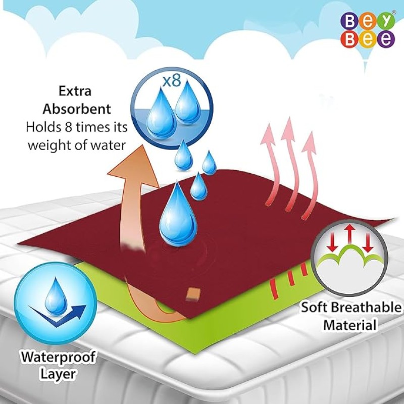 BeyBee Waterproof Quick Dry Sheet for Baby| Bed Pad Anti-Piling Fleece Extra Absorbent Washable Matress Protector| Baby Bed Protector Sheet for Toddler Children, X-Large Size, 200 x 140cm, Maroon BeyBee Waterproof Quick Dry Sheet for Baby| Bed Pad Anti-Piling Fleece Extra Absorbent Washable Matress Protector| Baby Bed Protector Sheet for Toddler Children, X-Large Size, 200 x 140cm, Maroon