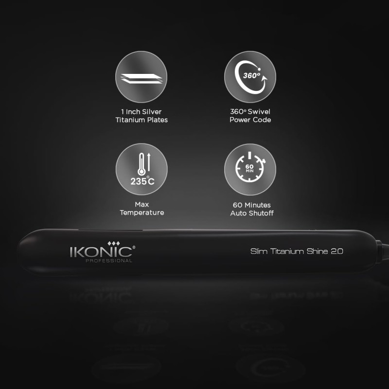 Ikonic Slim Titanium Shine Hair Starightener, Black| Professional PTC and Dual Titanium Plates| Advanced Heat Technology Ikonic Slim Titanium Shine Hair Starightener, Black| Professional PTC and Dual Titanium Plates| Advanced Heat Technology
