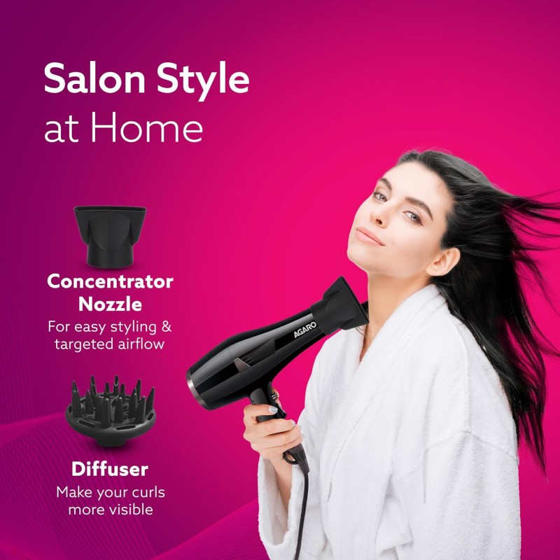 AGARO HD-1150 2000 Watts Professional Hair Dryer with Concentrator, Diffuser & Cool Shot Button- Black AGARO HD-1150 2000 Watts Professional Hair Dryer with Concentrator, Diffuser & Cool Shot Button- Black