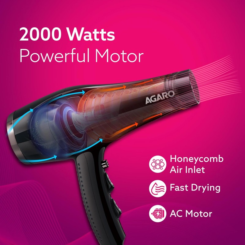 AGARO HD-1150 2000 Watts Professional Hair Dryer with Concentrator, Diffuser & Cool Shot Button- Black AGARO HD-1150 2000 Watts Professional Hair Dryer with Concentrator, Diffuser & Cool Shot Button- Black