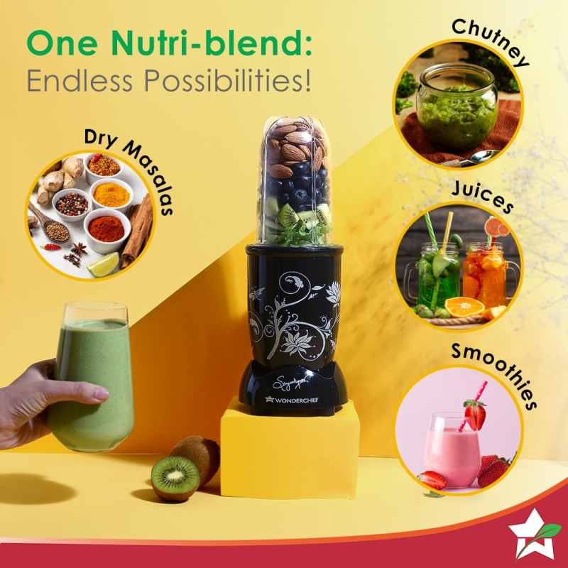 Wonderchef Nutri-blend 500W Juicer Mixer Grinder | Smoothie Maker Blender | 22,000 RPM Full Copper Motor | 2 Unbreakable Jars | Free Recipe Book by Chef Sanjeev Kapoor | 2 Year Warranty | Black Wonderchef Nutri-blend 500W Juicer Mixer Grinder | Smoothie Maker Blender | 22,000 RPM Full Copper Motor | 2 Unbreakable Jars | Free Recipe Book by Chef Sanjeev Kapoor | 2 Year Warranty | Black