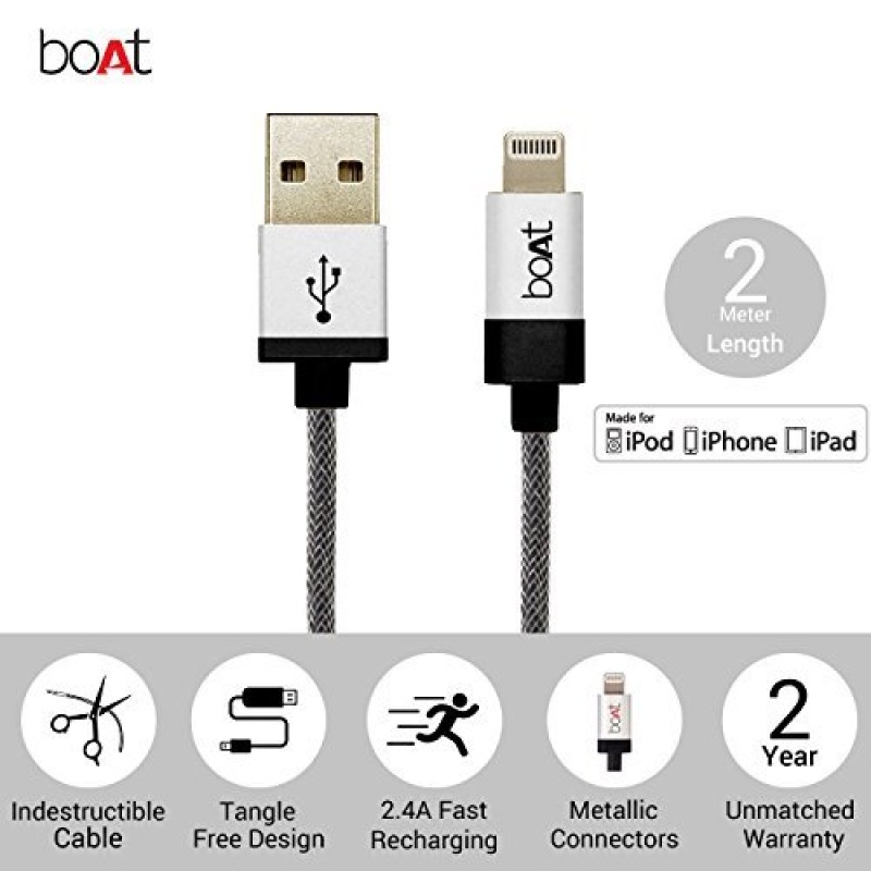 BoAt LTG 500 Apple MFI Certified for iPhone, iPad and iPod 2Mtr Data Cable(Metallic Silver) BoAt LTG 500 Apple MFI Certified for iPhone, iPad and iPod 2Mtr Data Cable(Metallic Silver)