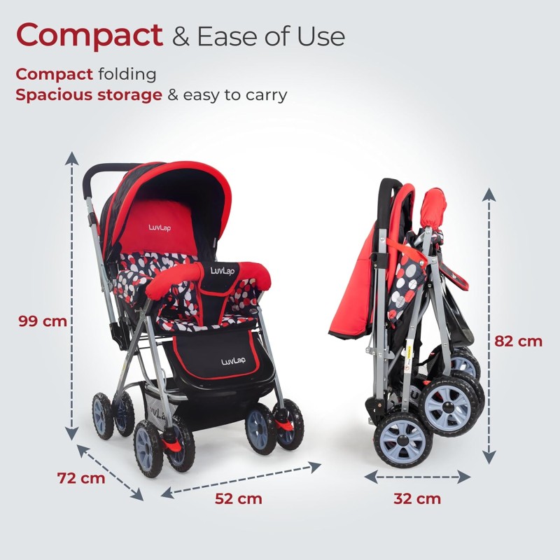 LuvLap Sunshine Baby Stroller/Pram for 0 to 3 Years, New Born/Toddler/Kid, 5 Point Safety Harness, Adjustable backrest, 360� Swivel Wheel, Large Storage Basket, Reversible Handlebar (Red) LuvLap Sunshine Baby Stroller/Pram for 0 to 3 Years, New Born/Toddler/Kid, 5 Point Safety Harness, Adjustable backrest, 360� Swivel Wheel, Large Storage Basket, Reversible Handlebar (Red)