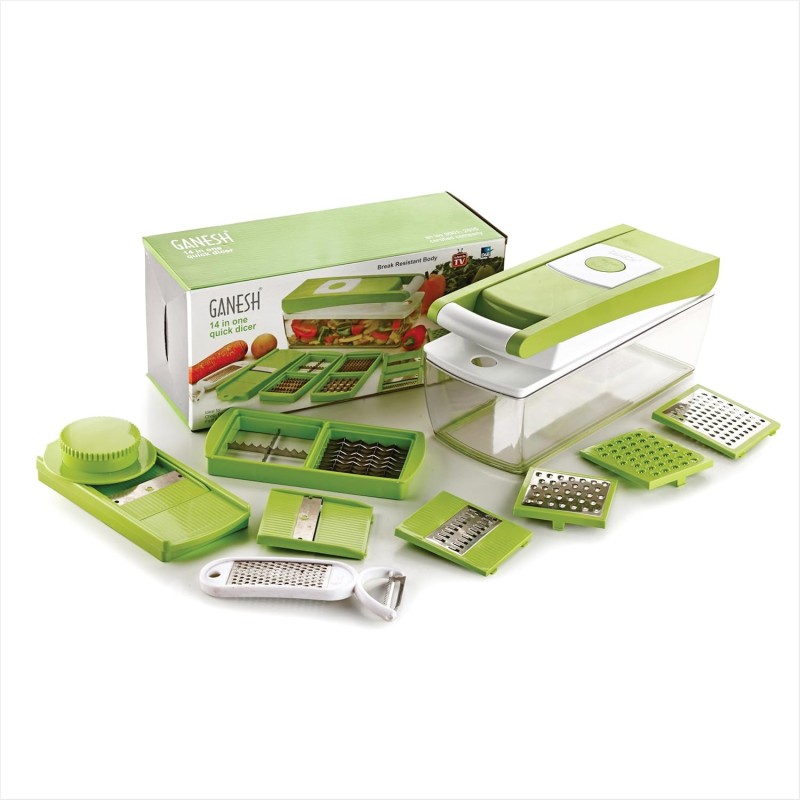 Ganesh 14 in 1 Multipurpose Chopper, Fruits & Vegetable Cutters, Grater Peeler Chipser, Unbreakable Food Grade Body, Easy Push to Clean Button Slicer Dicer, Chopper for Kitchen (Green, Plastic) Ganesh 14 in 1 Multipurpose Chopper, Fruits & Vegetable Cutters, Grater Peeler Chipser, Unbreakable Food Grade Body, Easy Push to Clean Button Slicer Dicer, Chopper for Kitchen (Green, Plastic)