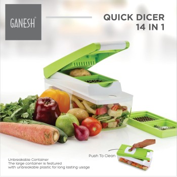 Ganesh 14 in 1 Multipurpose Chopper, Fruits & Vegetable Cutters, Grater Peeler Chipser, Unbreakable Food Grade Body, Easy Push to Clean Button Slicer Dicer, Chopper for Kitchen (Green, Plastic)