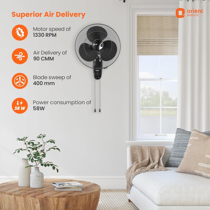 Orient Electric 400 MM Wall-44 Trendz Mount Fan | Wall Mount Fan for Home & Kitchen | Powerful Motor with High Air Delivery |Smooth Oscilation, 3-Speed Control | 2 Years Warranty | Slate Grey Orient Electric 400 MM Wall-44 Trendz Mount Fan | Wall Mount Fan for Home & Kitchen | Powerful Motor with High Air Delivery |Smooth Oscilation, 3-Speed Control | 2 Years Warranty | Slate Grey