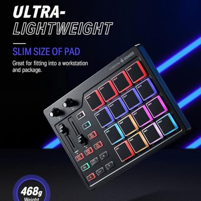Donner MIDI Pad Controller Keyboard USB Type-C, Professional Drum Pad Machine Beat Maker with 16 Pads, MIDI Out, 2 Assignable Faders and Buttons (STARRYPAD MINI, Black)