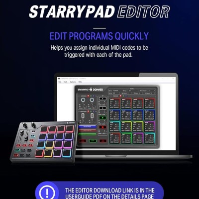 Donner MIDI Pad Controller Keyboard USB Type-C, Professional Drum Pad Machine Beat Maker with 16 Pads, MIDI Out, 2 Assignable Faders and Buttons (STARRYPAD MINI, Black)