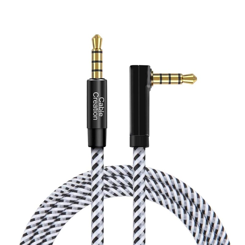 CableCreation 10Feet 3.5mm TRRS Auxiliary Audio Cable, 90 Degree Right Angle 4-Conductor Auxiliary Stereo Cable (Microphone Compatible), Black and White CableCreation 10Feet 3.5mm TRRS Auxiliary Audio Cable, 90 Degree Right Angle 4-Conductor Auxiliary Stereo Cable (Microphone Compatible), Black and White
