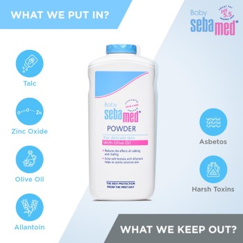Sebamed Baby Powder| Olive Oil, Allantoin|Keeps newborn’s skin fresh|absorbs sweat| 400 gm