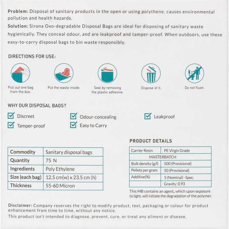 Sirona Personal Disposal Bags – 75 Bags for Discreet Tampons, Sanitary Pads/Napkin, Panty Liners, Tampons & Condoms | Menstrual Care and Hygiene Products Sirona Personal Disposal Bags – 75 Bags for Discreet Tampons, Sanitary Pads/Napkin, Panty Liners, Tampons & Condoms | Menstrual Care and Hygiene Products