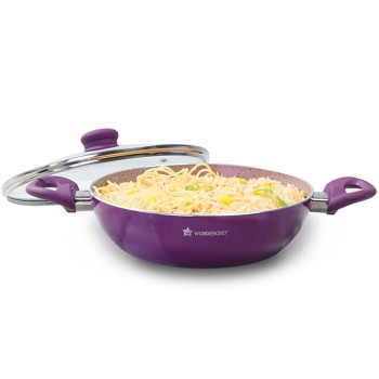 Wonderchef Royal Velvet Non-Stick 24cm Kadhai with Lid and Handles | Glass Lid | Induction Ready | Soft-Touch Handles |Non – Toxic I Virgin Aluminium| 3 mm Thick | 2 Year Warranty | Purple