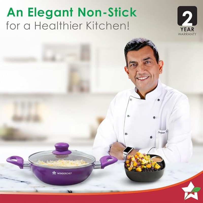 Wonderchef Royal Velvet Non-Stick 24cm Kadhai with Lid and Handles | Glass Lid | Induction Ready | Soft-Touch Handles |Non – Toxic I Virgin Aluminium| 3 mm Thick | 2 Year Warranty | Purple Wonderchef Royal Velvet Non-Stick 24cm Kadhai with Lid and Handles | Glass Lid | Induction Ready | Soft-Touch Handles |Non – Toxic I Virgin Aluminium| 3 mm Thick | 2 Year Warranty | Purple