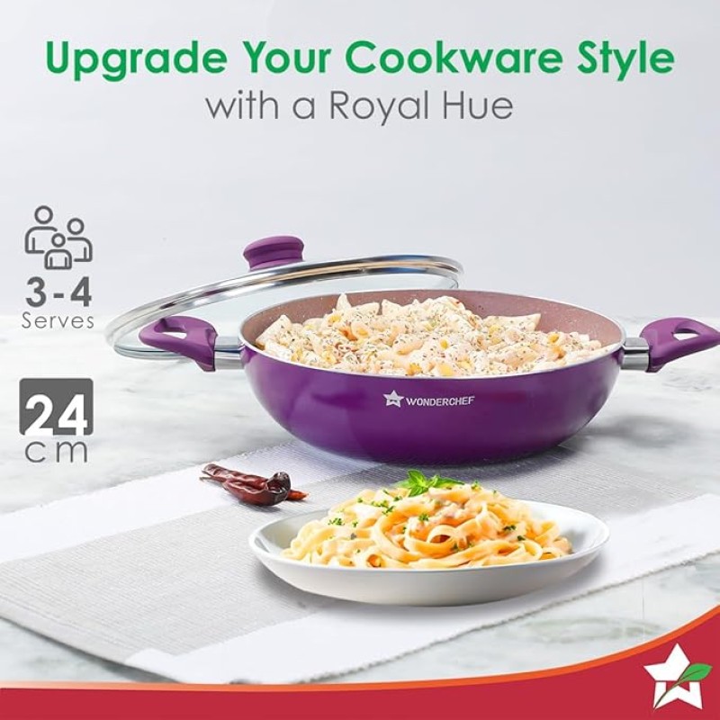 Wonderchef Royal Velvet Non-Stick 24cm Kadhai with Lid and Handles | Glass Lid | Induction Ready | Soft-Touch Handles |Non – Toxic I Virgin Aluminium| 3 mm Thick | 2 Year Warranty | Purple Wonderchef Royal Velvet Non-Stick 24cm Kadhai with Lid and Handles | Glass Lid | Induction Ready | Soft-Touch Handles |Non – Toxic I Virgin Aluminium| 3 mm Thick | 2 Year Warranty | Purple