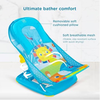 Mee Mee Newborn Baby Bather | Bath Chair for Newborns and Infants 0-12 Months | Foldable | 3 Position Adjustable chair | Anti Skid Base | Washable Soft Mesh Seat | for Babies Upto 5Kg (Blue)