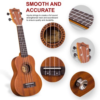 Juarez JRZ21UK 21" Soprano Ukulele Kit, AQUILA Strings, Sapele Body, Rosewood Fingerboard, Matte Finish, with Bag and Picks, Natural