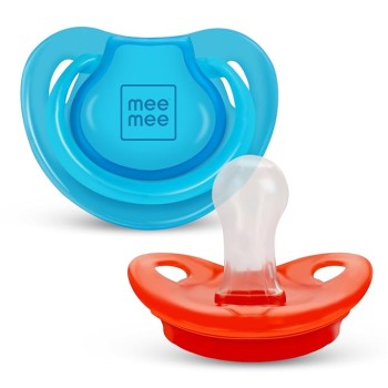 Mee Mee Baby Pacifier Ultra Light Soft Silicone Nipple| BPA Free | Oral stimulatory | Teether | Pack of 2 | 0-6 months + Kids (Blue/Red)