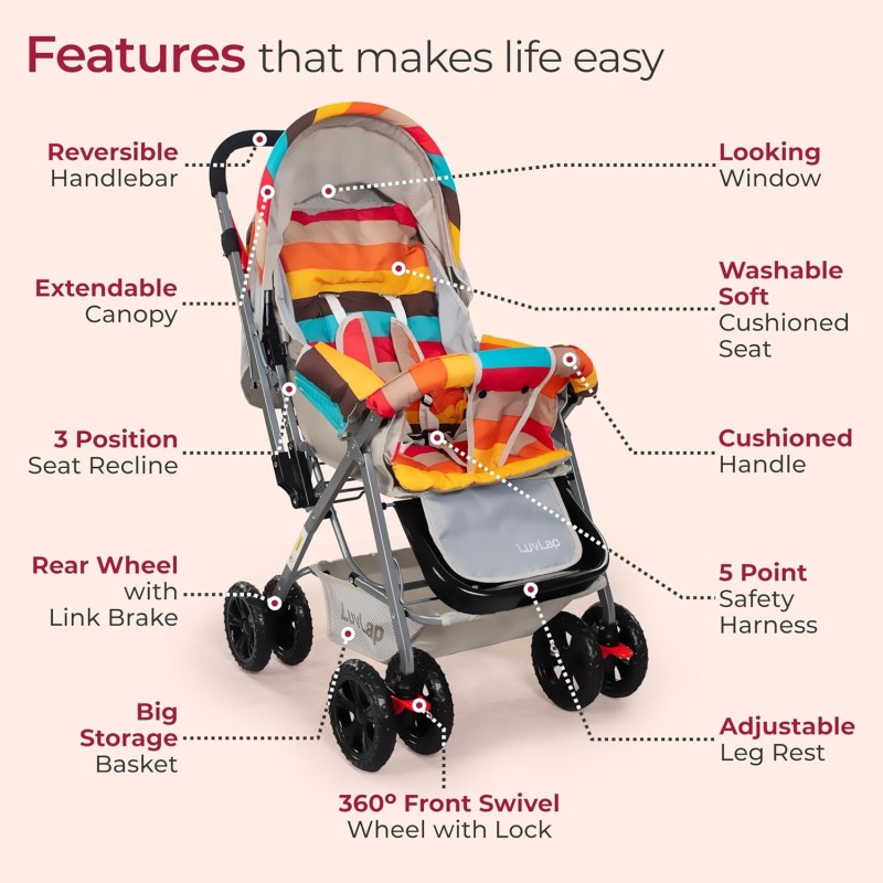 LuvLap Sunshine Baby Stroller/Pram for 0 to 3 Years, New Born/Toddler/Kid, 5 Point Safety Harness, Adjustable backrest, 360° Swivel Wheel, Large Storage Basket, Reversible Handlebar (Stripes) LuvLap Sunshine Baby Stroller/Pram for 0 to 3 Years, New Born/Toddler/Kid, 5 Point Safety Harness, Adjustable backrest, 360° Swivel Wheel, Large Storage Basket, Reversible Handlebar (Stripes)