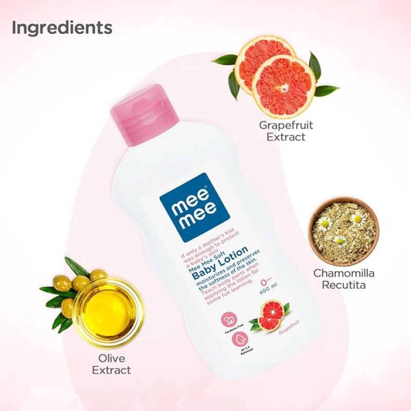 Mee Mee Moisturizing Baby Lotion 400ml for Face & Body | Chamomile & Grapefruit Extracts | For All Skin Types, For Newborns/Kids | For 24Hrs Moisturization | Hypoallergenic, Balanced pH Mee Mee Moisturizing Baby Lotion 400ml for Face & Body | Chamomile & Grapefruit Extracts | For All Skin Types, For Newborns/Kids | For 24Hrs Moisturization | Hypoallergenic, Balanced pH