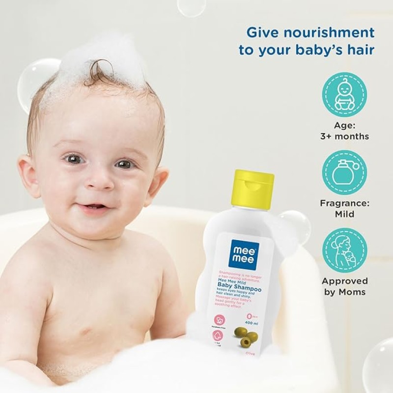 Mee Mee Gentle Baby Shampoo 400ml | For Daily Moisturizing Enriched with Olive Extracts | Tear-Free Formula Nourishes, Soothes, & Protects Sensitive Skin | Hypoallergenic, Sulfate and Paraben-Free | Skin Friendly PH Mee Mee Gentle Baby Shampoo 400ml | For Daily Moisturizing Enriched with Olive Extracts | Tear-Free Formula Nourishes, Soothes, & Protects Sensitive Skin | Hypoallergenic, Sulfate and Paraben-Free | Skin Friendly PH