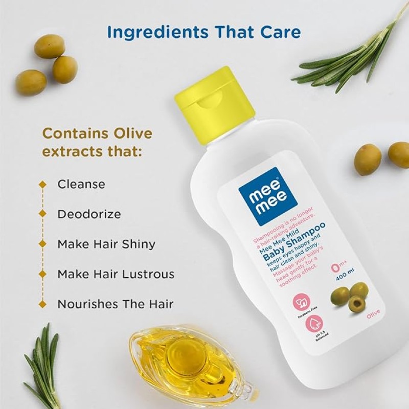 Mee Mee Gentle Baby Shampoo 400ml | For Daily Moisturizing Enriched with Olive Extracts | Tear-Free Formula Nourishes, Soothes, & Protects Sensitive Skin | Hypoallergenic, Sulfate and Paraben-Free | Skin Friendly PH Mee Mee Gentle Baby Shampoo 400ml | For Daily Moisturizing Enriched with Olive Extracts | Tear-Free Formula Nourishes, Soothes, & Protects Sensitive Skin | Hypoallergenic, Sulfate and Paraben-Free | Skin Friendly PH