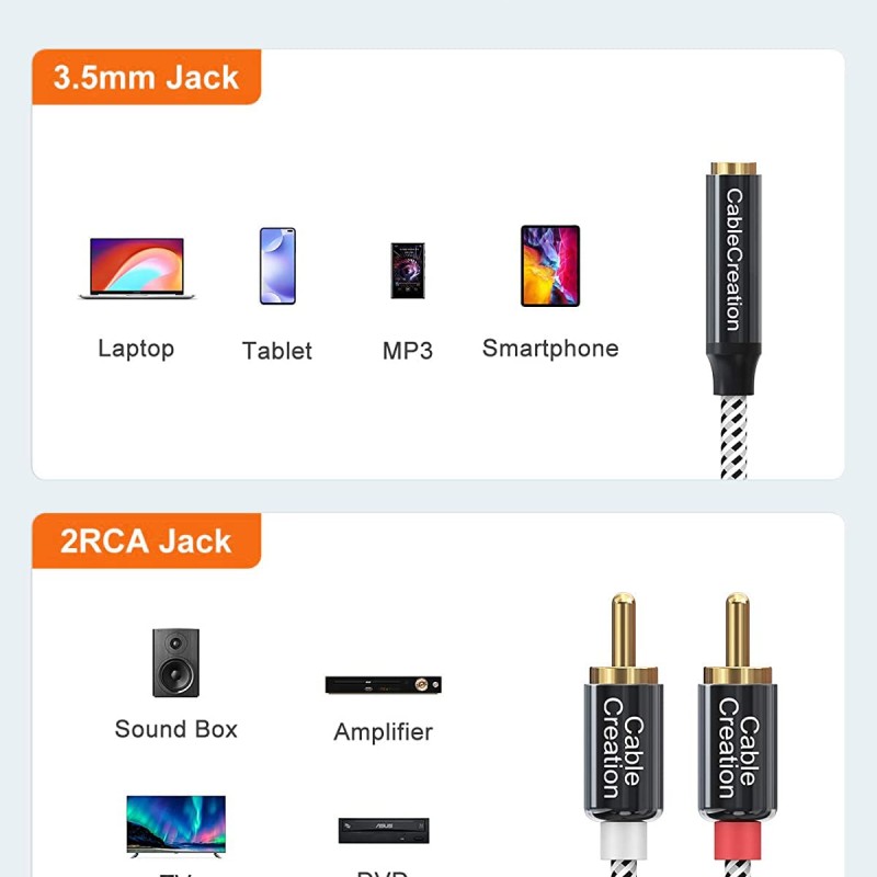 CableCreation 3.5mm to RCA Cable, 20CM 3.5mm Female to 2RCA Male Stereo Audio Cable Gold Plated for TV,Smartphones, MP3, Tablets, Speakers,Home Theater,0.75FT CableCreation 3.5mm to RCA Cable, 20CM 3.5mm Female to 2RCA Male Stereo Audio Cable Gold Plated for TV,Smartphones, MP3, Tablets, Speakers,Home Theater,0.75FT