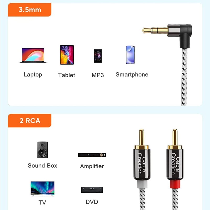 CableCreation 3.5mm to RCA Cable, 3 Feet Angle 3.5mm Male to 2RCA Male Auxiliary Stereo Audio Y Splitter Gold-Plated for Smartphones, MP3, Tablets, Speakers,Home Theater,HDTV,0.9M CableCreation 3.5mm to RCA Cable, 3 Feet Angle 3.5mm Male to 2RCA Male Auxiliary Stereo Audio Y Splitter Gold-Plated for Smartphones, MP3, Tablets, Speakers,Home Theater,HDTV,0.9M